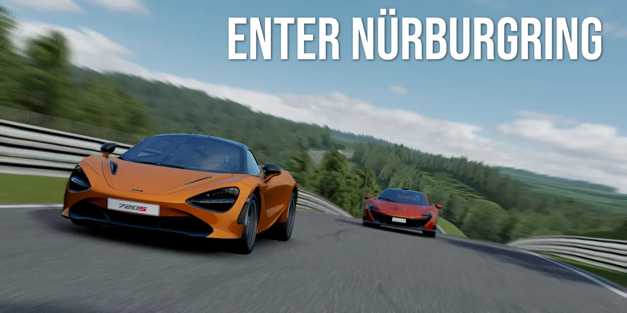 Due supercar stradali in curva su un circuito immerso nel bosco, con la scritta del Nürburgring in sovrimpressione